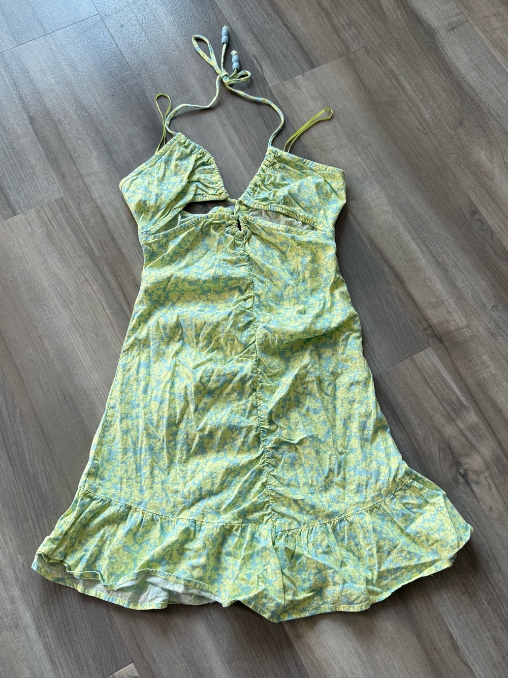 Zara Chartreuse Floral Halter Mini Dress